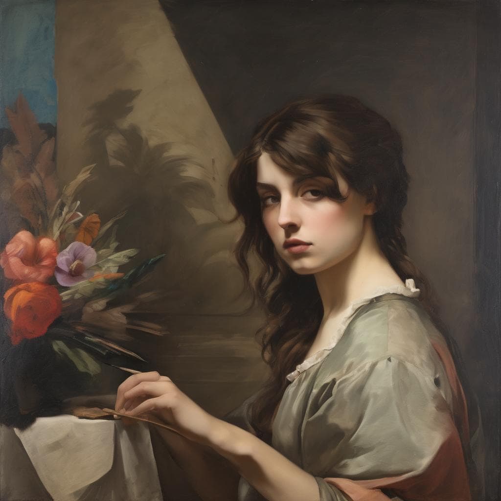 Φωτογραφία κλασικού πορτρέτου νέας γυναίκας με λουλούδια, εμπνευσμένο από τέχνη και δημιουργικότητα.