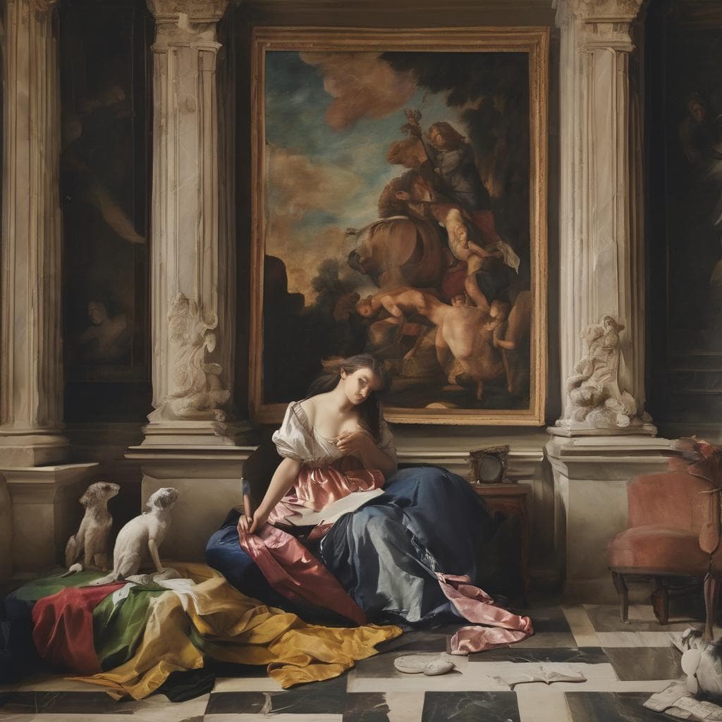 Αλτ κείμενο: Καλλιτεχνική ανατροπή και δημιουργία σε μουσείο με ζωγραφική και γλυπτά.