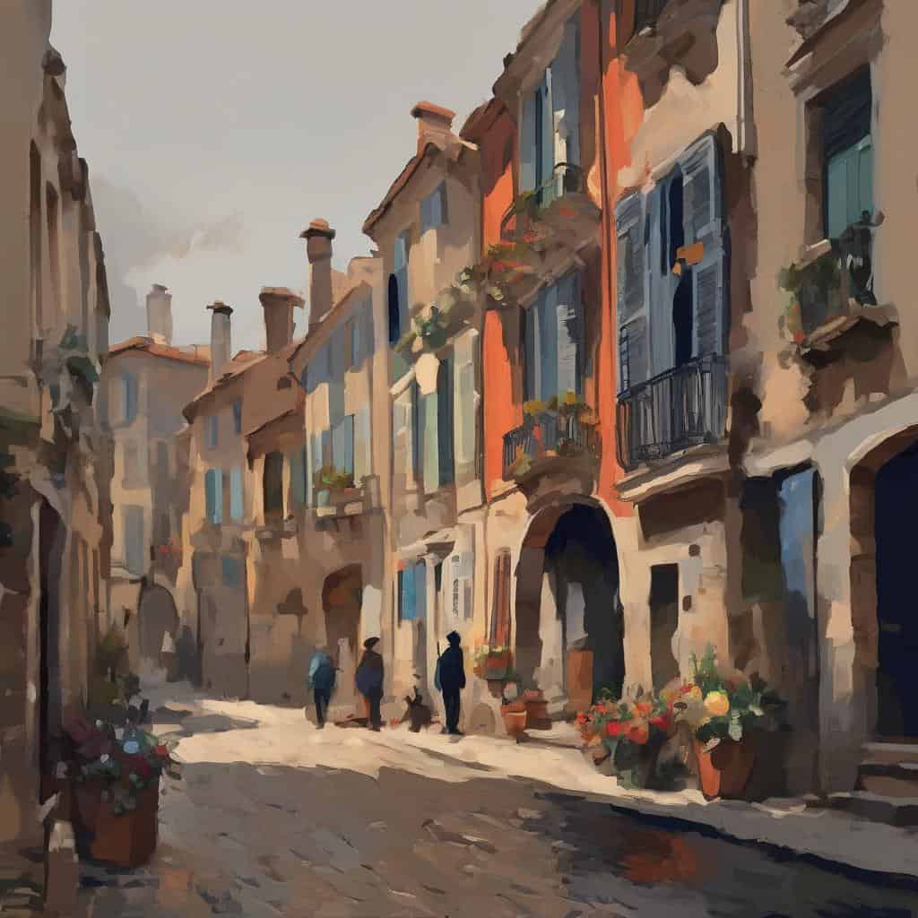 Παραδοσιακή ευρωπαϊκή οδός με πολύχρωμα κτίρια και ανθισμένα παράθυρα.