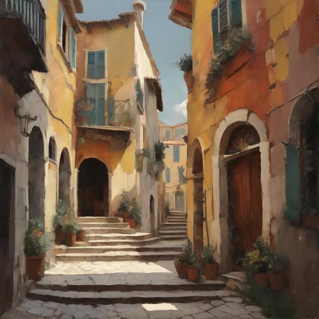 Μπαλκόνια και σκαλοπάτια σε παραδοσιακό μεσαιωνικό χωριό, ζωγραφική εικαστική ανατροπή, καλλιτεχνική δημιουργία.