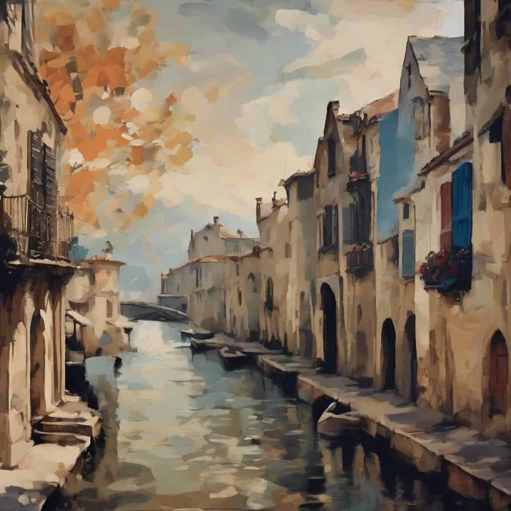 Παραδοσιακό τοπίο με κανάλι και πολυκατοικίες, σε ζωγραφική ατμόσφαιρα.